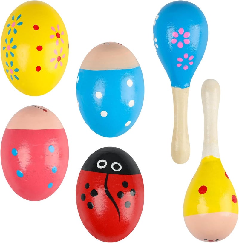 GOGHOST Easter Wooden Egg Shakers Set(6 Pcs), 4 Easter Eggs and 2 Maracas | Hand Percussion Instruments for Practice & Performance - Image 1